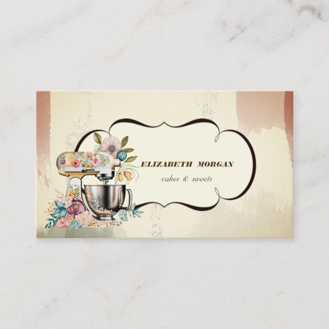 Tarjeta De Visita Panadería acuática Pastry Floral Retro Mixer (Anverso)
