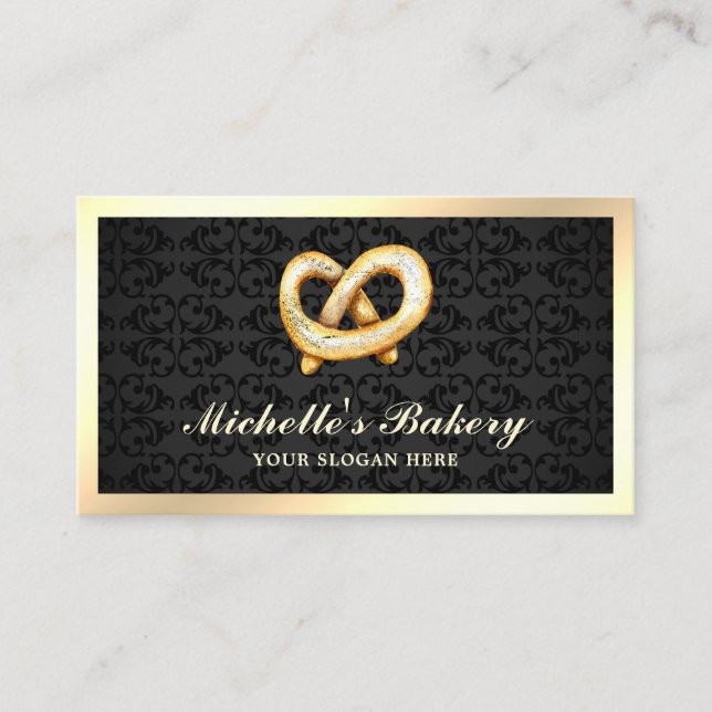 Tarjeta De Visita Panadería Black Damask Gold Pretzel (Anverso)