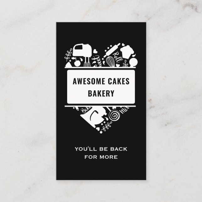 Tarjeta De Visita Panadería Black White Baker Pasteles de galletas p (Anverso)