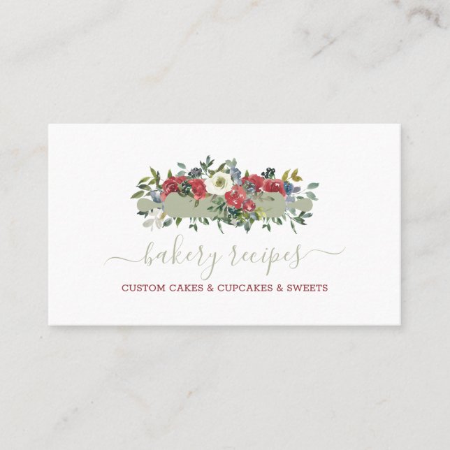 Tarjeta De Visita Panadería casera de pastelería Flores rojas verdes (Anverso)