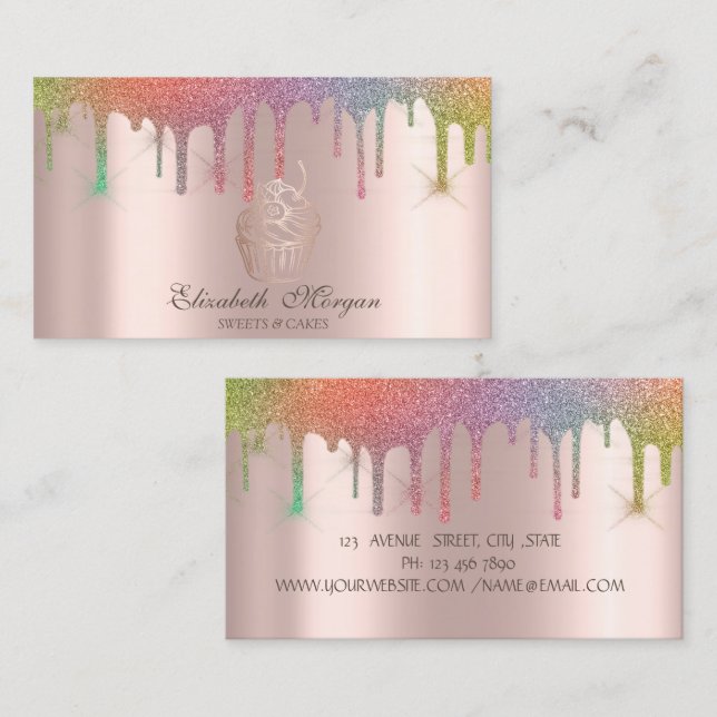 Tarjeta De Visita Panadería Chic Cupcake Rainbow Drips (Anverso / Reverso)