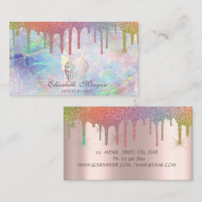 Tarjeta De Visita Panadería Chic Cupcake Rainbow Drips Opal (Anverso / Reverso)
