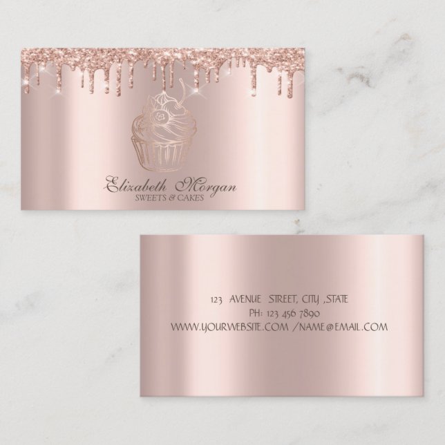 Tarjeta De Visita Panadería Chic Cupcake Rose Gold Drips (Anverso / Reverso)