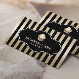 Tarjeta De Visita Panadería Cupcake Classy Black & Gold Stripes Mode