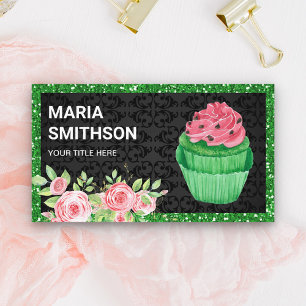 Tarjeta De Visita Panadería de Cupcake de Terciopelo Verde Floral Ro