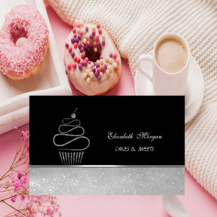 Tarjeta De Visita Panadería de Cupcake Elegante Plateado Brillante A
