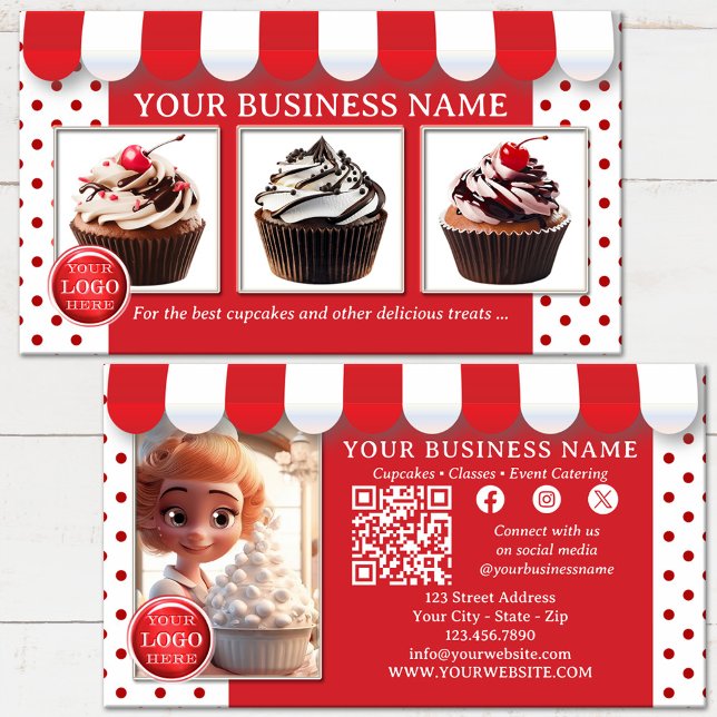 Tarjeta De Visita Panadería de Cupcake o Heladería (Bakery or ice cream business card featuring your custom images on a fun design in red and white)