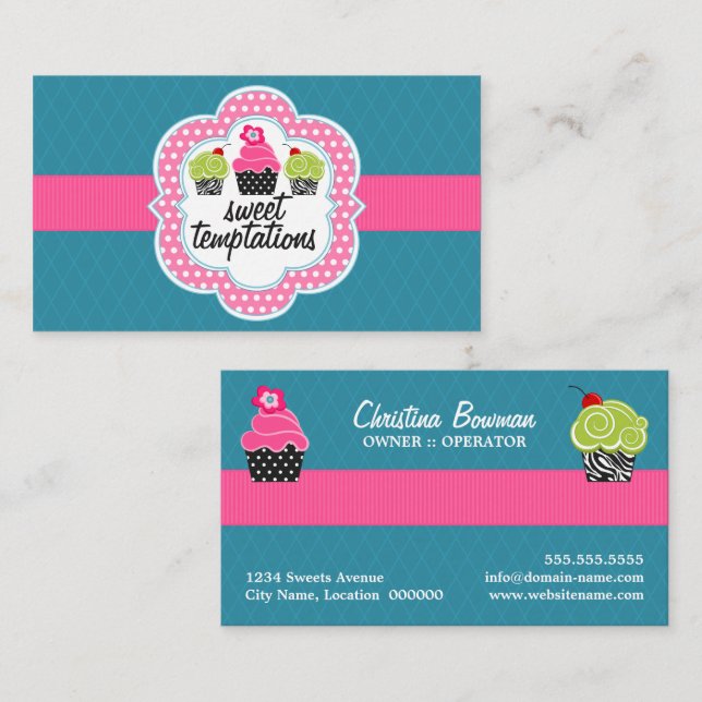 Tarjeta De Visita Panadería de Cupcake Rosa Teal (Anverso / Reverso)