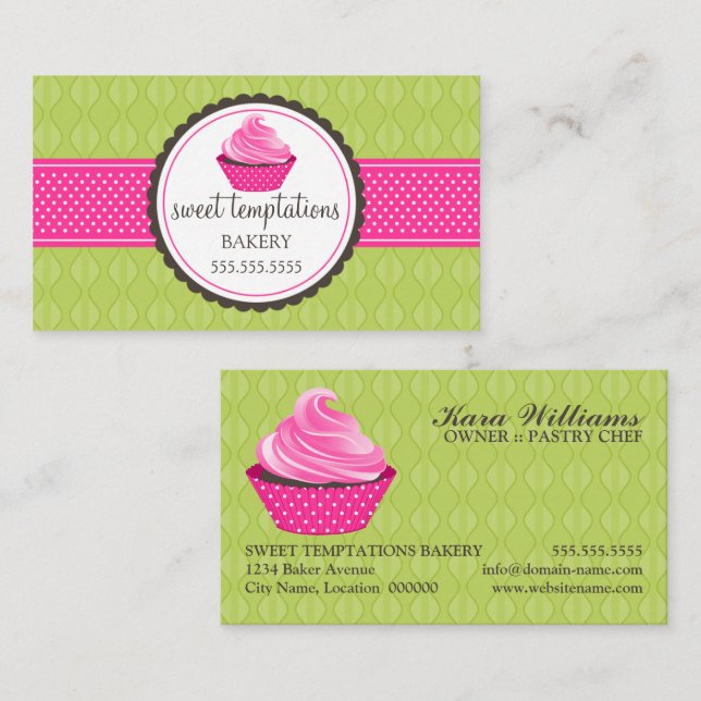 Tarjeta De Visita Panadería de Cupcake Verde Rosa (Anverso / Reverso)