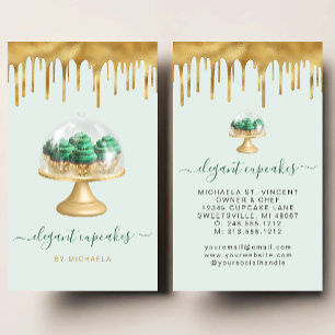 Tarjeta De Visita Panadería de Cupcakes Emerald Green Drip de Lámina
