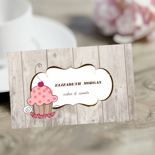 Tarjeta De Visita Panadería de Cupcakes Románticos, Textura de Mader (Subido por el creador)