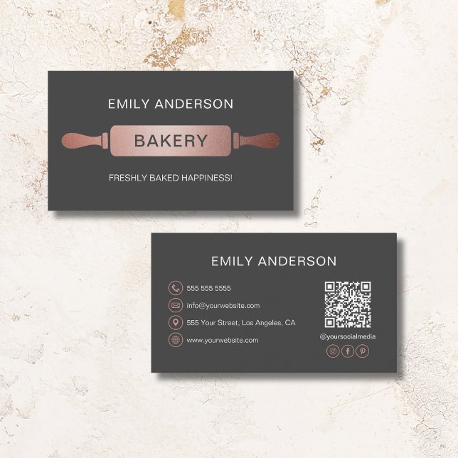 Tarjeta De Visita Panadería de estaño de estaño de oro gris Rosa Cód (Rose Gold Gray Rolling Pin Bakery QR Code Business Card)