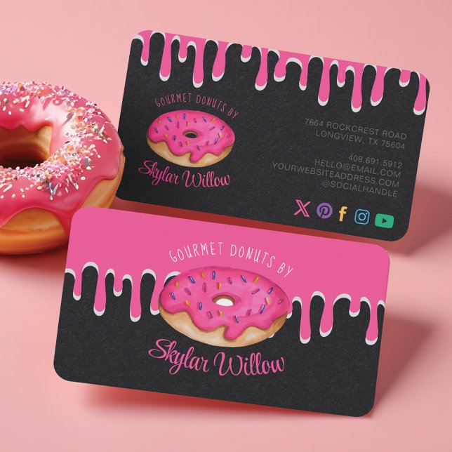 Tarjeta De Visita Panadería de gourmet rosado de Donut de goteo rosa (Pink Gourmet Sprinkle Donut Pink Drips Bakery Business Card)