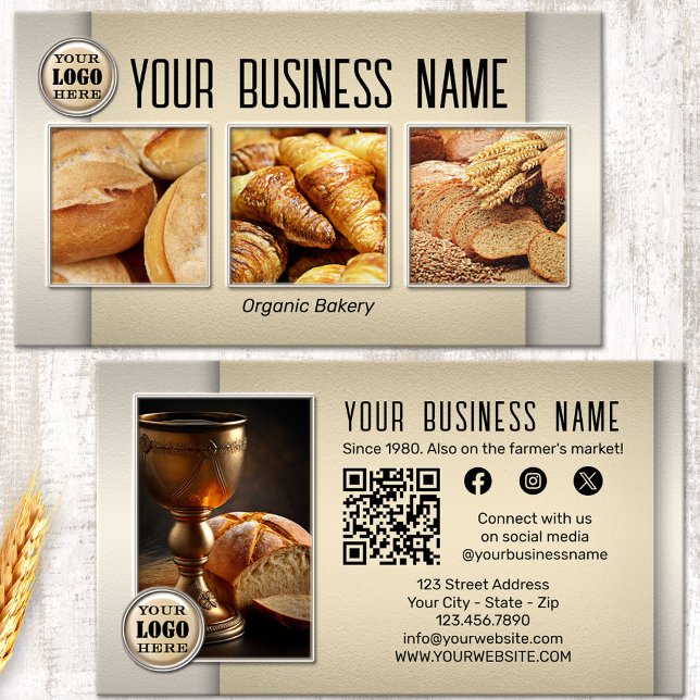 Tarjeta De Visita Panadería de pan QR Código Foto de medios sociales (Bread bakery business card featuring your custom images on a stylish design in light earth colors)