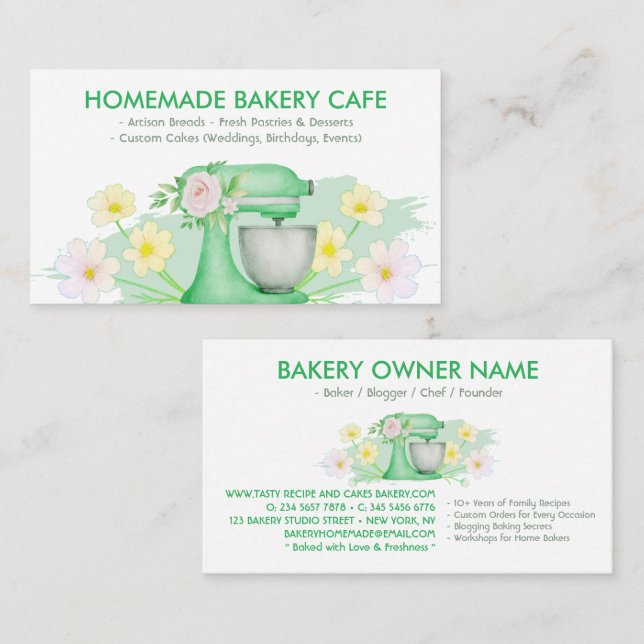Tarjeta De Visita Panadería de pasteles con flores verdes (Anverso / Reverso)