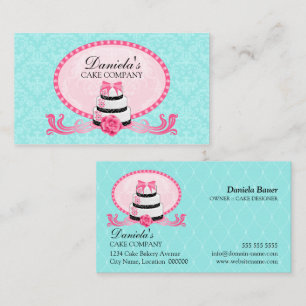 Tarjeta De Visita Panadería de Pasteles Damask Aqua Rosa