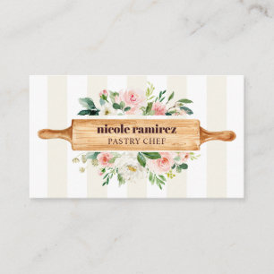 Tarjeta De Visita Panadería floral Rolling Pin Patisserie a rayas