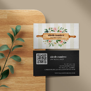 Tarjeta De Visita Panadería floral Rolling Pin Patisserie QR CODE Bu