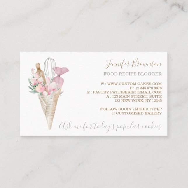 Tarjeta De Visita Panadería Flores rosadas pastelería Boho Chef crea (Anverso)