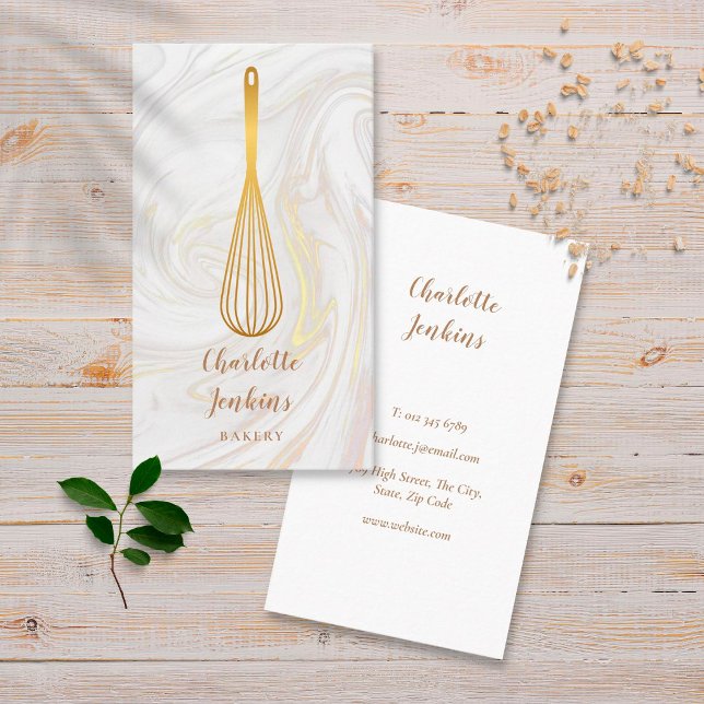 Tarjeta De Visita Panadería Gold Whisk Patisserie Marble Swirls (Subido por el creador)