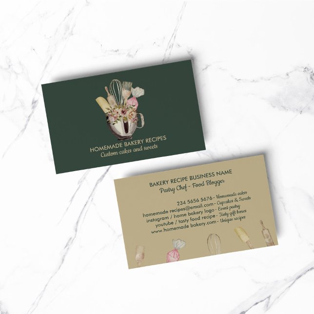 Tarjeta De Visita Panadería herramientas de mano sage green gold (Bakery pastry hand tools sage green gold business card)