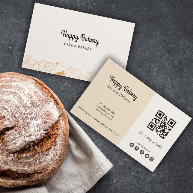 Tarjeta De Visita Panadería Iconos Beige Código Qr Medios sociales (Bakery Beige Icons Qr Code Social Media Business Card)