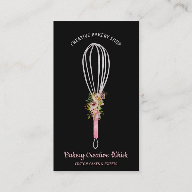 Tarjeta De Visita Panadería Logo Whisk Boho rosa negro oro (Anverso)