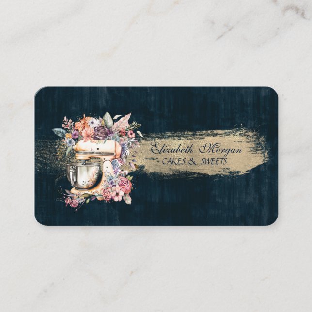 Tarjeta De Visita Panadería, Mezclador Floral, Azul de broche (Anverso)