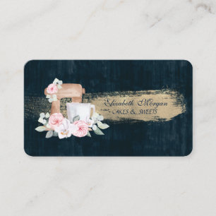 Tarjeta De Visita Panadería, Mezclador Flores, Trazo de Pincel Azul