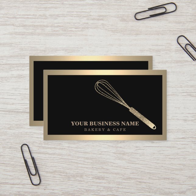 Tarjeta De Visita Panadería Modern Gold Whisk (Anverso/Reverso In Situ)
