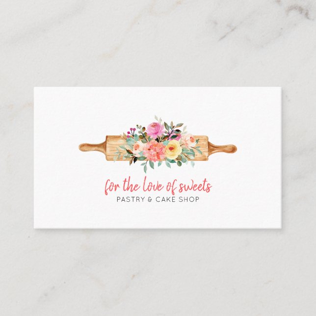 Tarjeta De Visita Panadería o pastelería - Rolling Pin & Florals  (Anverso)
