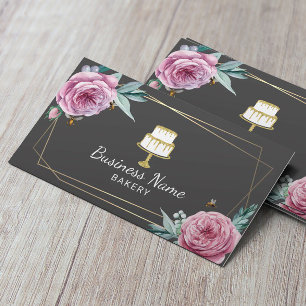 Tarjeta De Visita Panadería Pasta Chef Flor y Abejas Gris Geométrico
