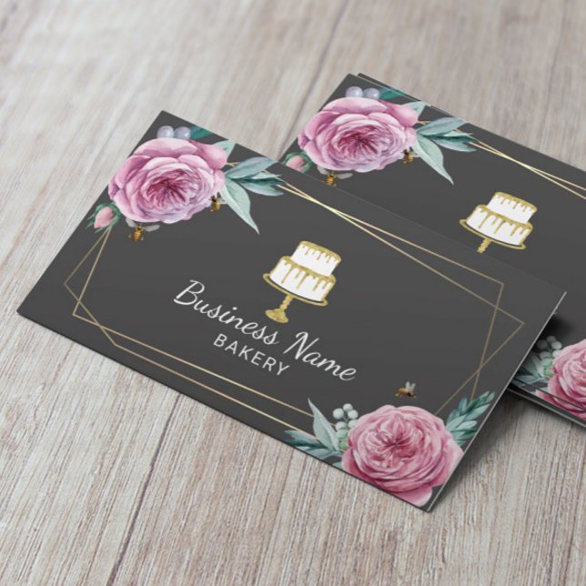 Tarjeta De Visita Panadería Pasta Chef Flor y Abejas Gris Geométrico (Subido por el creador)