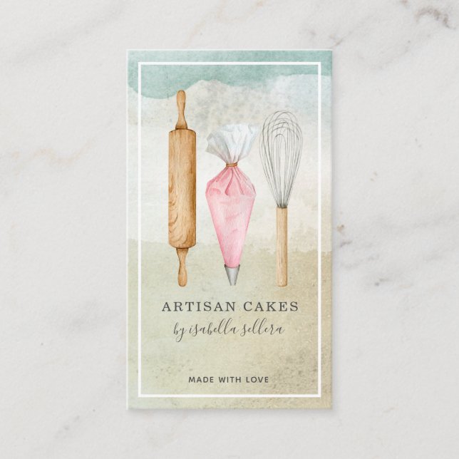 Tarjeta De Visita Panadería Pastelería Chef Acuarela Hormigón (Anverso)