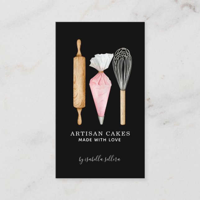 Tarjeta De Visita Panadería Pastelería Chef Horneando Utensilios Neg (Anverso)