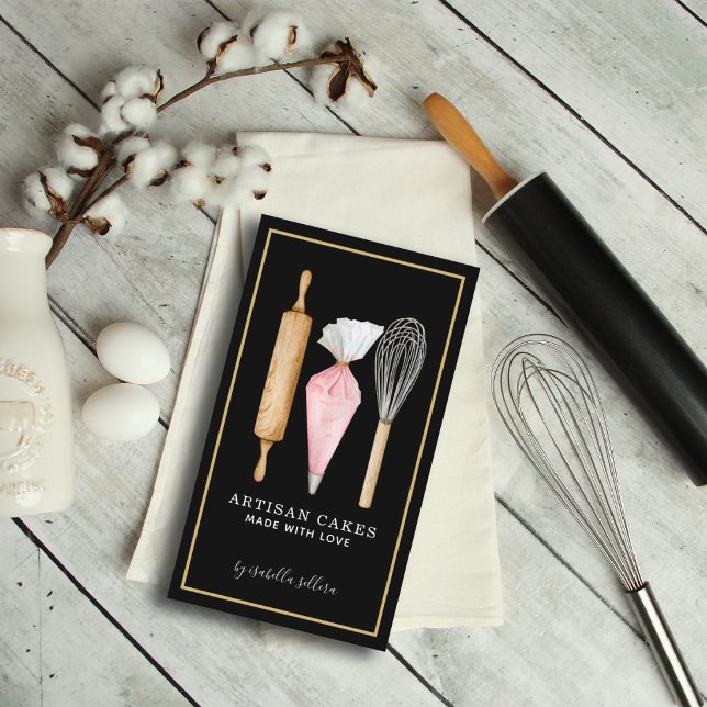 Tarjeta De Visita Panadería Pastelería Chef Horneando Utensilios Neg (Subido por el creador)