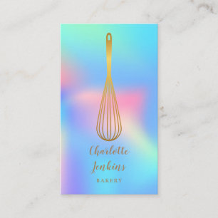 Tarjeta De Visita Panadería Pastelería Whisk Oro Holográfica Arcoíri