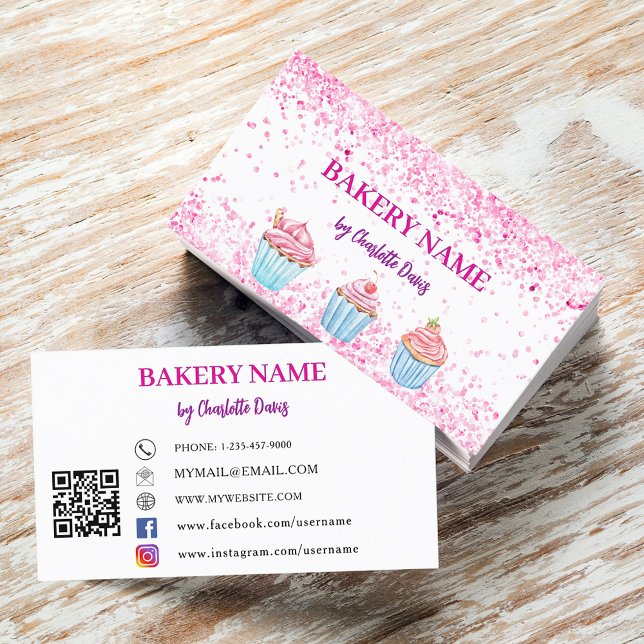 Tarjeta De Visita Panadería pastelitos rosados código QR (Subido por el creador)