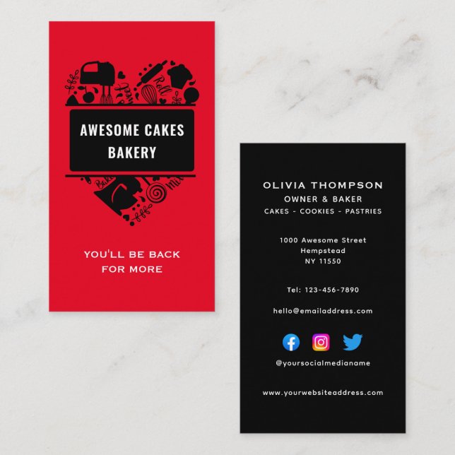 Tarjeta De Visita Panadería Red Black Baker Cakes Cookies Pastry Che (Anverso / Reverso)