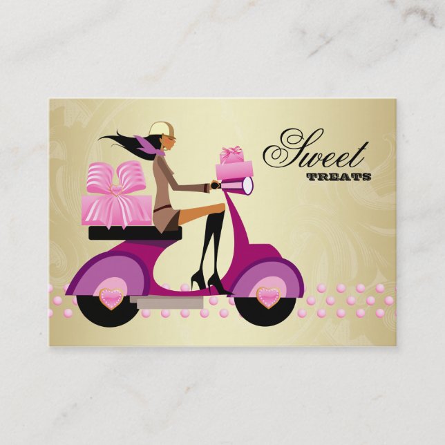 Tarjeta De Visita Panadería Regalo Box Scooter Chica Pink Gold Icing (Anverso)