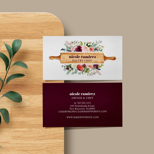 Tarjeta De Visita Panadería Rolling Pin Floral de Borgoña (FLORAL WATERCOLOR BUSINESS CARD FOR BAKERY OR PASTRY SHOP WITH ROLLING PIN)