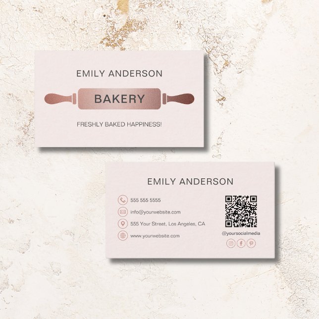 Tarjeta De Visita Panadería Rolling Pin Rosa Rosa Gold Rubor (Rose Gold Blush Pink Rolling Pin Bakery Business Card)