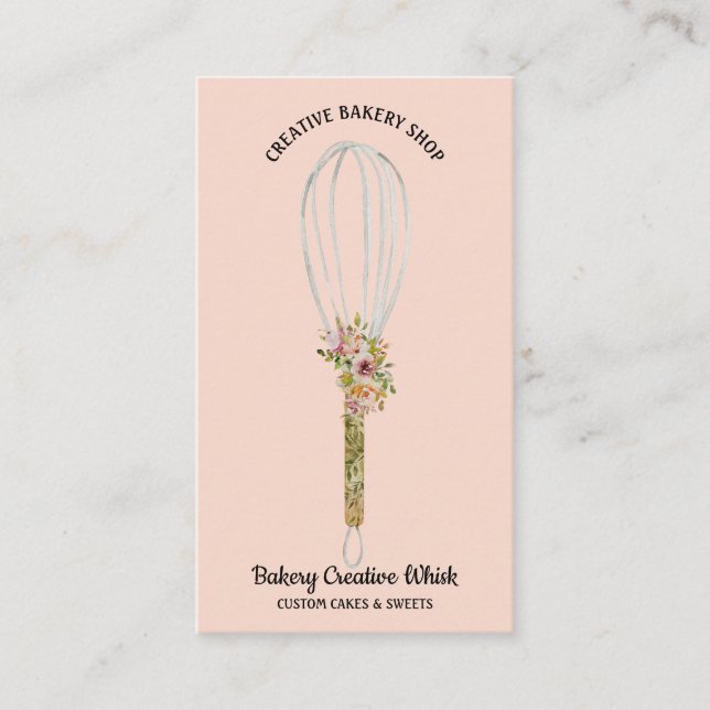Tarjeta De Visita Panadería Rustic Whisk Floral Rubor Pink (Anverso)
