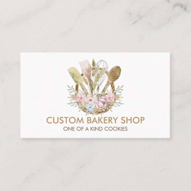 Tarjeta De Visita Panadería Rústica Flor de Cocina Boho Marrón (Anverso)