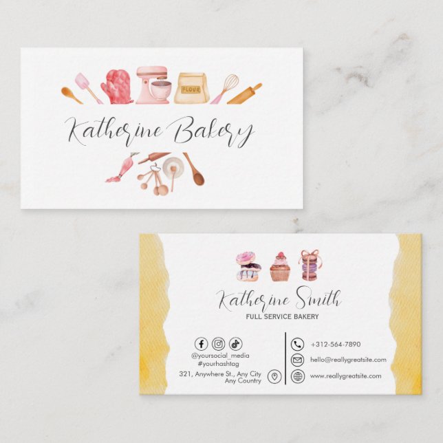 Tarjeta De Visita Panadería Utensil de Acuarela (Anverso / Reverso)