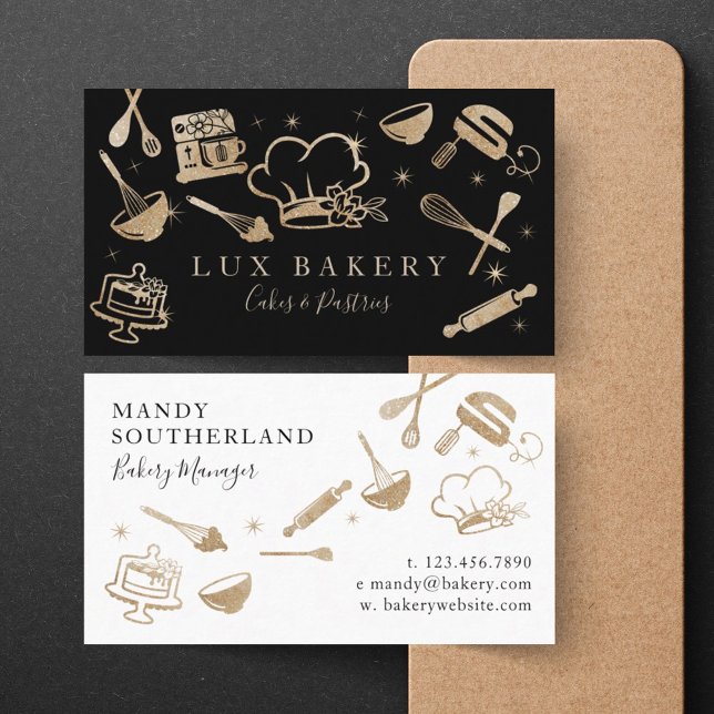 Tarjeta De Visita Panadería Utensil De Cocina De Cocina De Lujo (Luxury Gold Sparkle Baking Cooking Utensil Bakery Business Card)