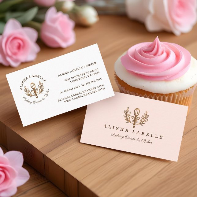 Tarjeta De Visita Panadería Wooden Whisk & Floral Leaf Wreath Logo (Bakery Wooden Whisk & Floral Leaf Wreath Logo Business Card)