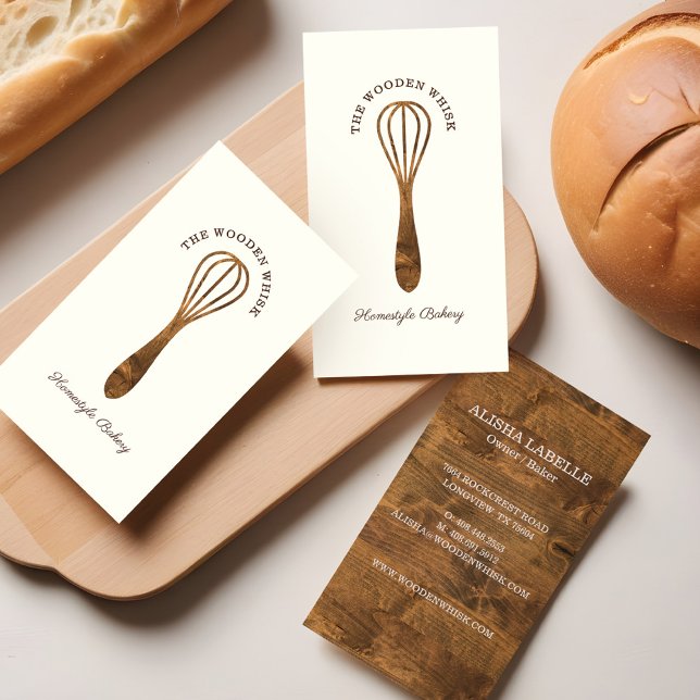 Tarjeta De Visita Panadería Wooden Whisk Natural Woodgrain (Natural Woodgrain Wooden Whisk Bakery Business Card)