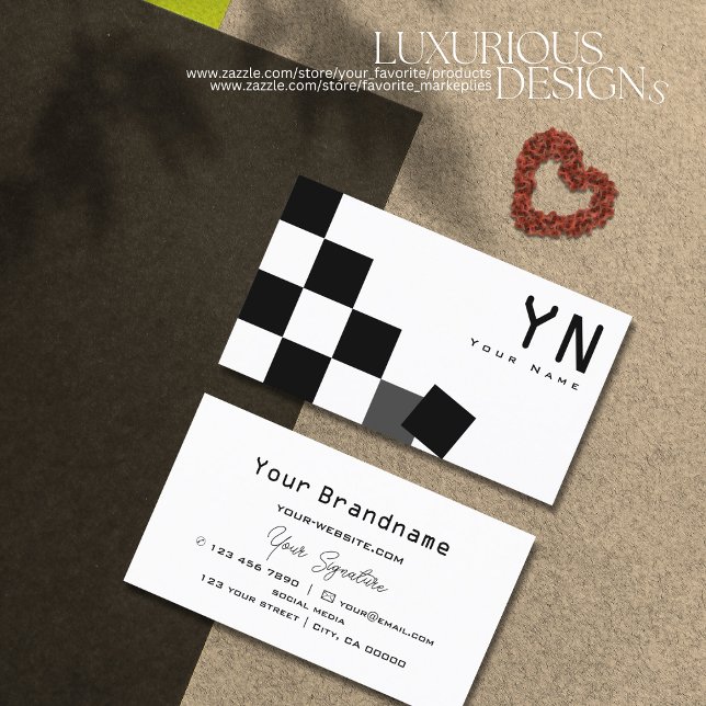 Tarjeta De Visita Paneles de ajedrez en blanco y negro con monograma (Subido por el creador)