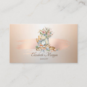 Tarjeta De Visita Panes Rústicos Flor Rosa Dorado Pincelada Panaderí